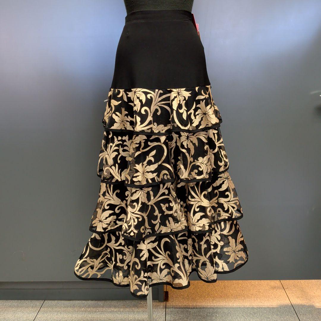 【新品】社交ダンス用ティアードフリルスカート 黒と金