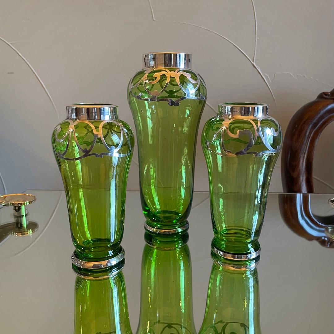 シルバーオーバーレイ　色ガラス　花瓶 アールヌーボー　フラワーベース　花器