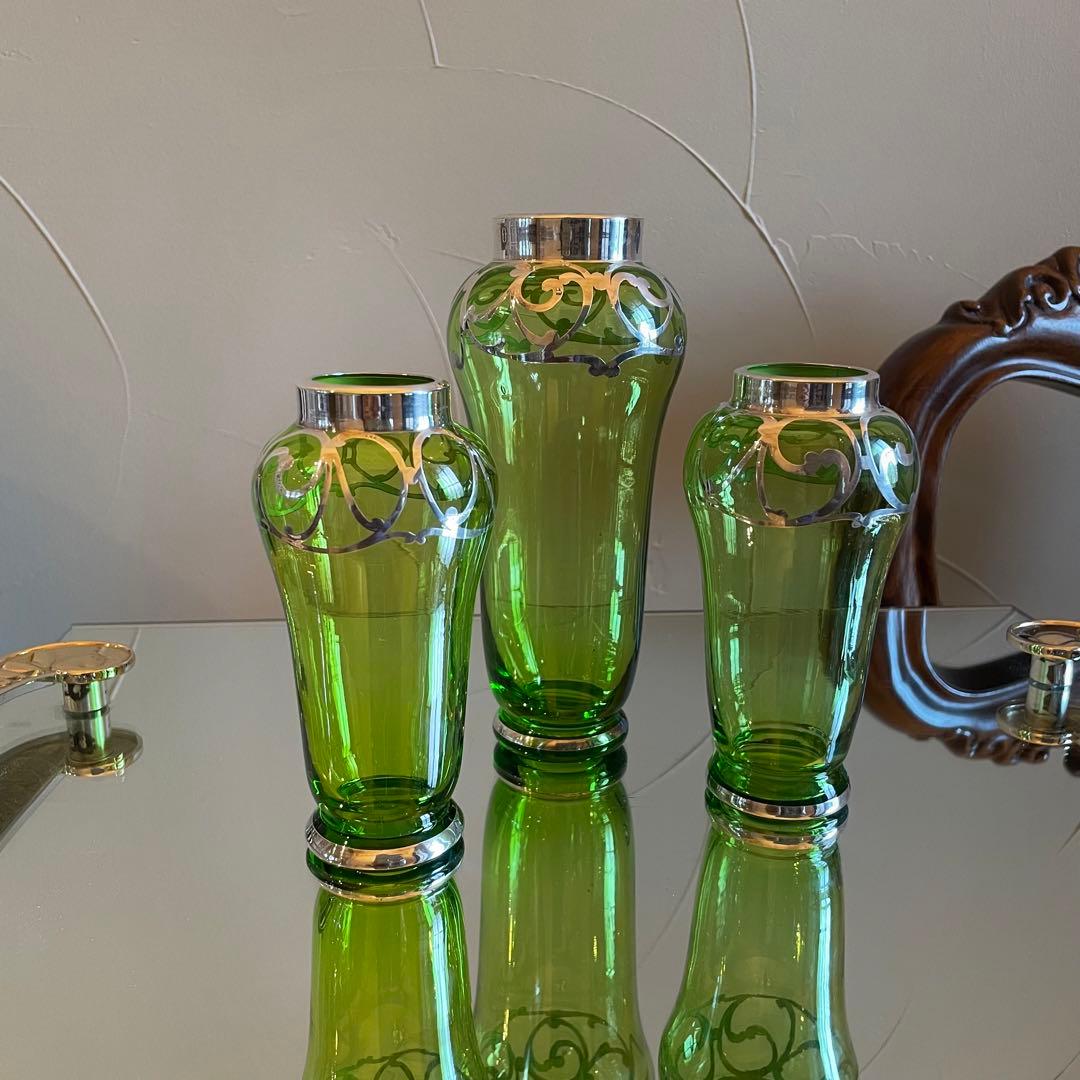 シルバーオーバーレイ　色ガラス　花瓶 アールヌーボー　フラワーベース　花器