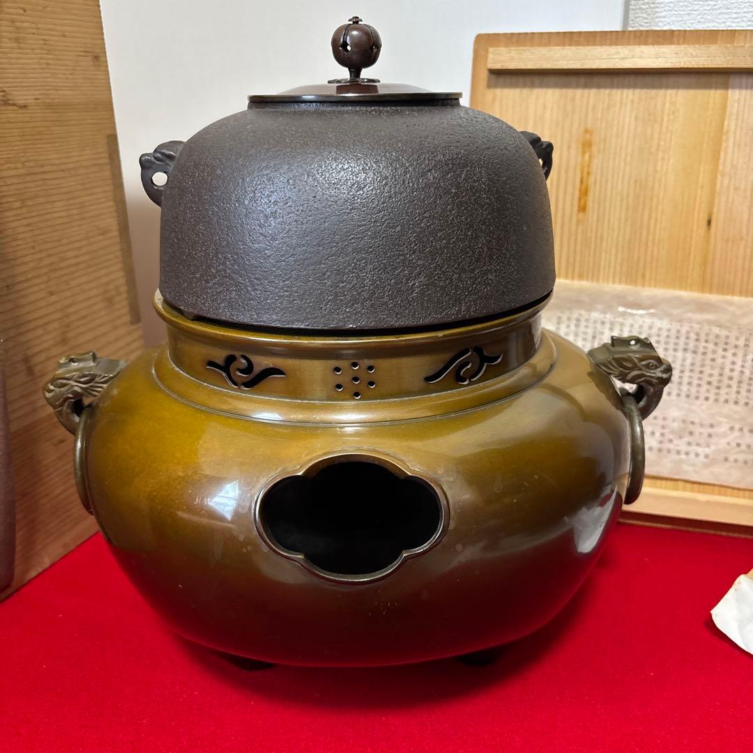 茶道具 釜 茶釜 唐銅 鬼面風炉 丸釜　箱付き