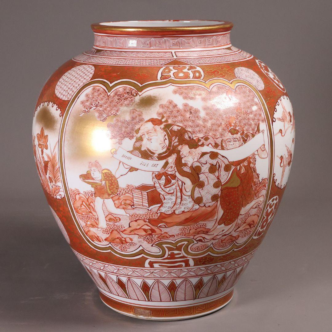 【M387】九谷焼 名工 橋田与三郎 細密赤絵金彩 花瓶 楼閣山水人物草花 花器