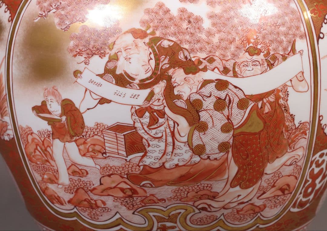 【M387】九谷焼 名工 橋田与三郎 細密赤絵金彩 花瓶 楼閣山水人物草花 花器