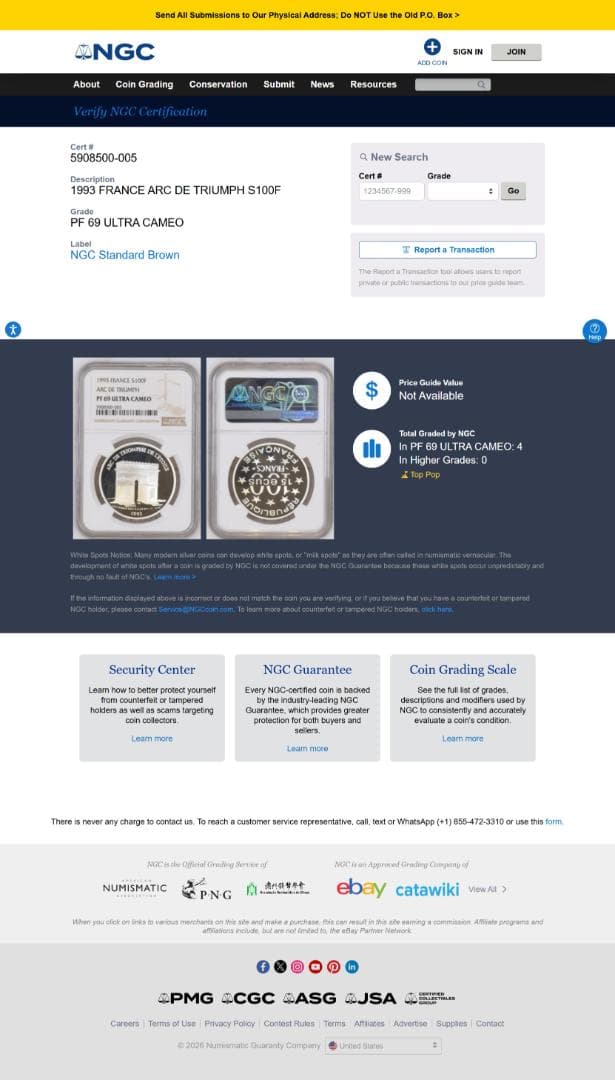 Top pop NGC-PF69 フランス 1993 凱旋門 製造20000枚