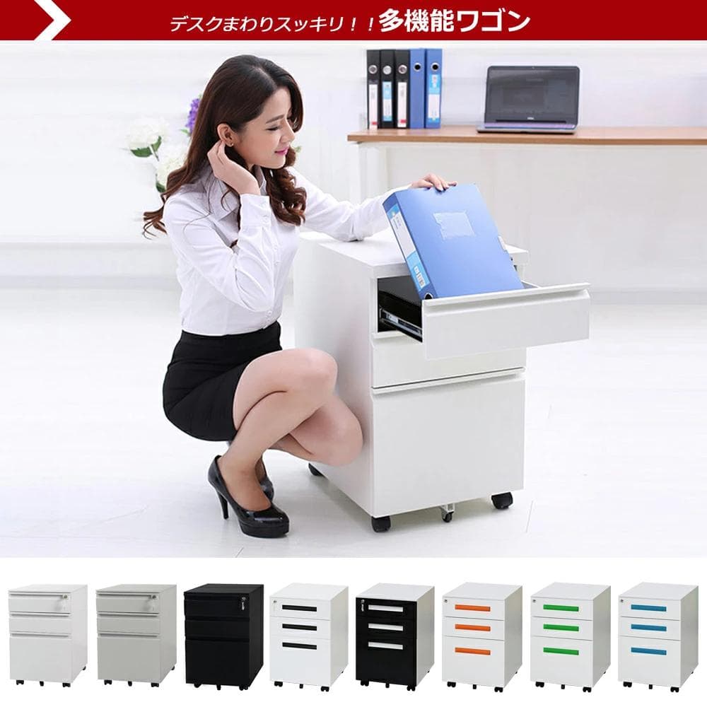 超人気！オフィスワゴン3段組立て不要 キャスター付き 鍵付き60cm Black