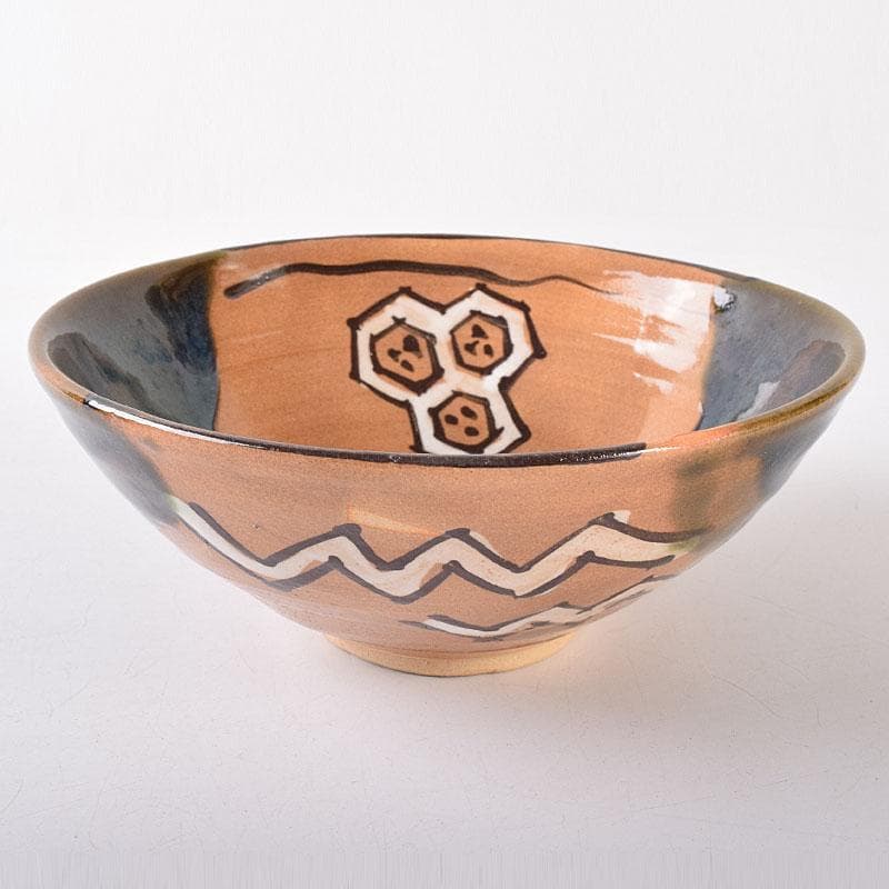 北大路魯山人作　織部焼　於里辺　茶碗　共布共箱　M　R8123