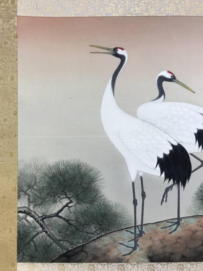 【真作】藤井春生/双鶴図/松上鶴図/横物/掛軸/名家伝来/AD-243