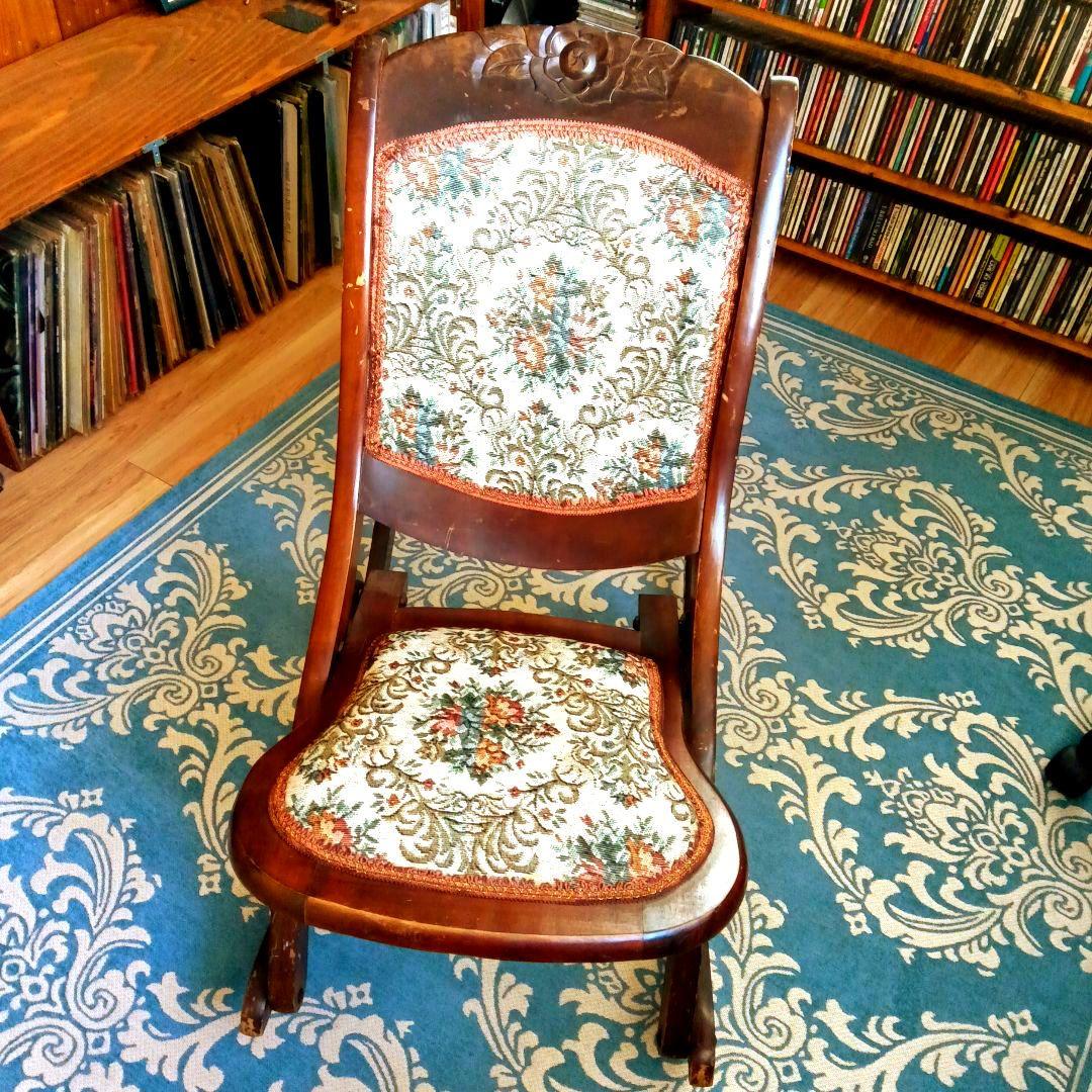 折り畳み式 ロッキングチェア◆ゴブラン織り✱アンティーク