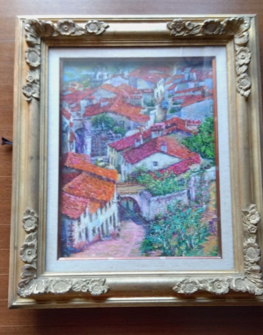 油絵　額縁ゴールド　スペイン風景画　F6 吊金具付き