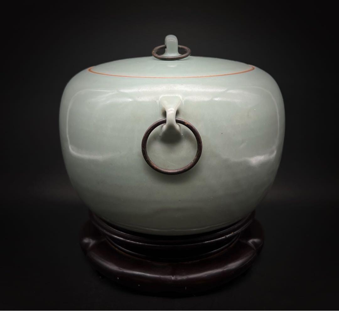 中国美術 古玩 青磁　雙耳お茶入れ　茶道具