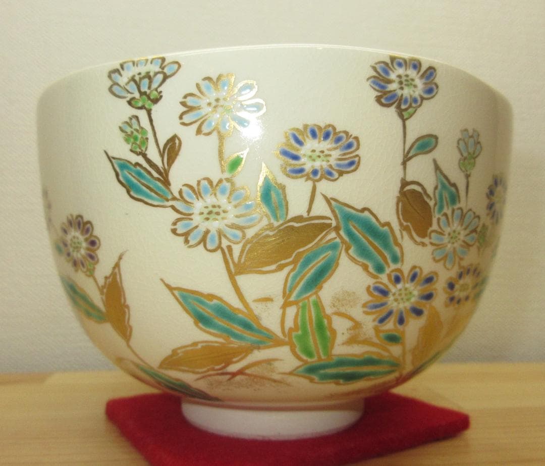 送料込【逢絢亭・新品】茶道具 茶碗 京焼 仁清 都忘れの図 文月和香 共箱入り