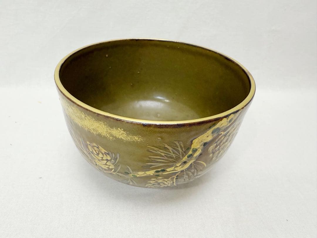 未使用 茶道具 深山造 仁清 松毬 茶碗 金縁 陶印 共布 共箱