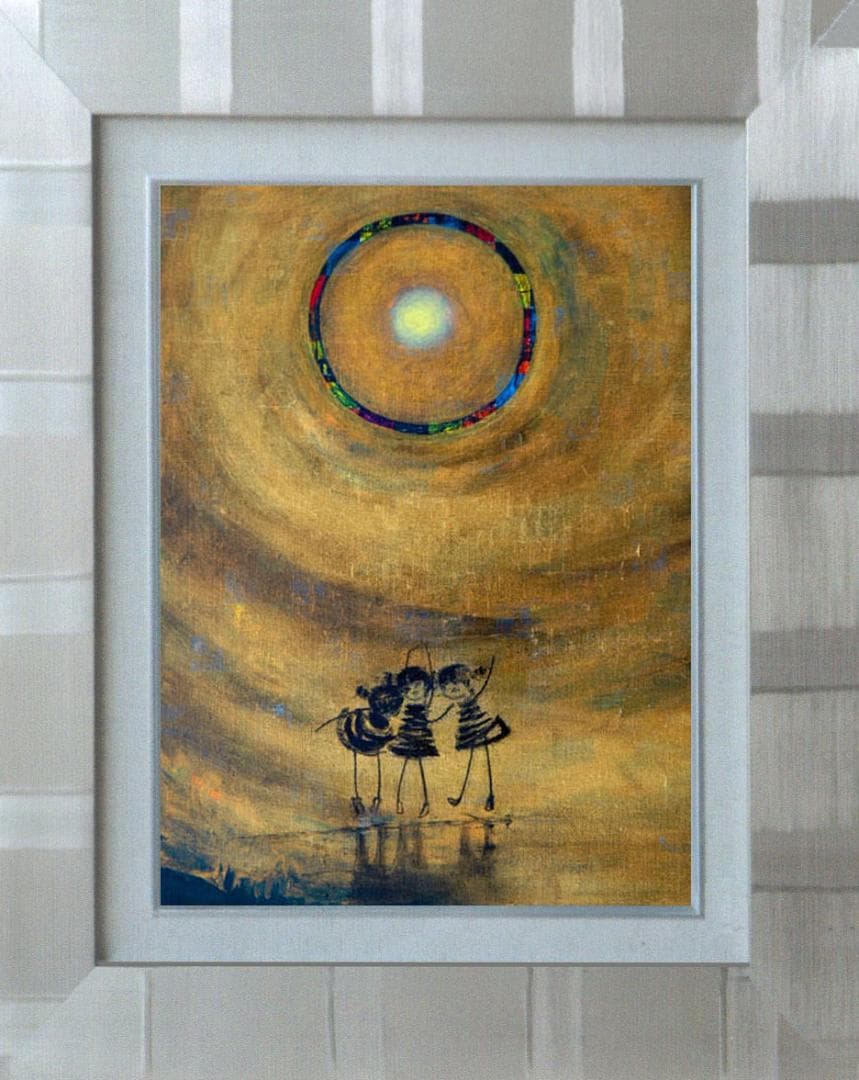 油絵 菅家令子 絵 絵画インテリア額付(青緑＋金色の枠) F4-081014子供