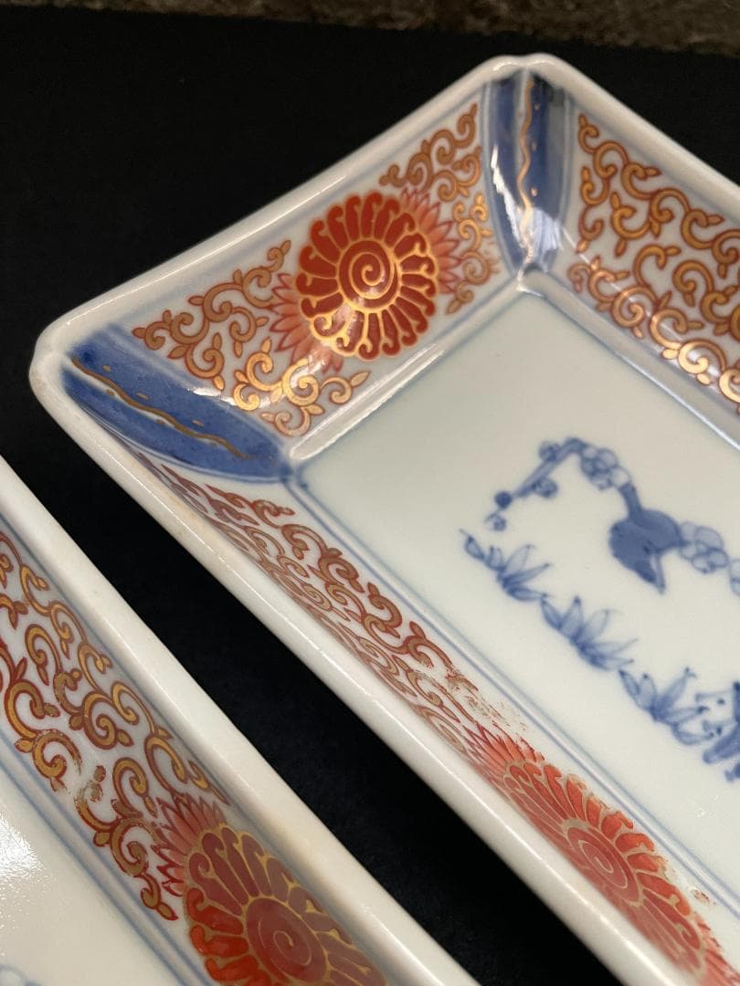 江戸期 富貴長春 古伊万里 染付 金彩 色絵 骨董 長皿 蛸唐草紋 美品 2客