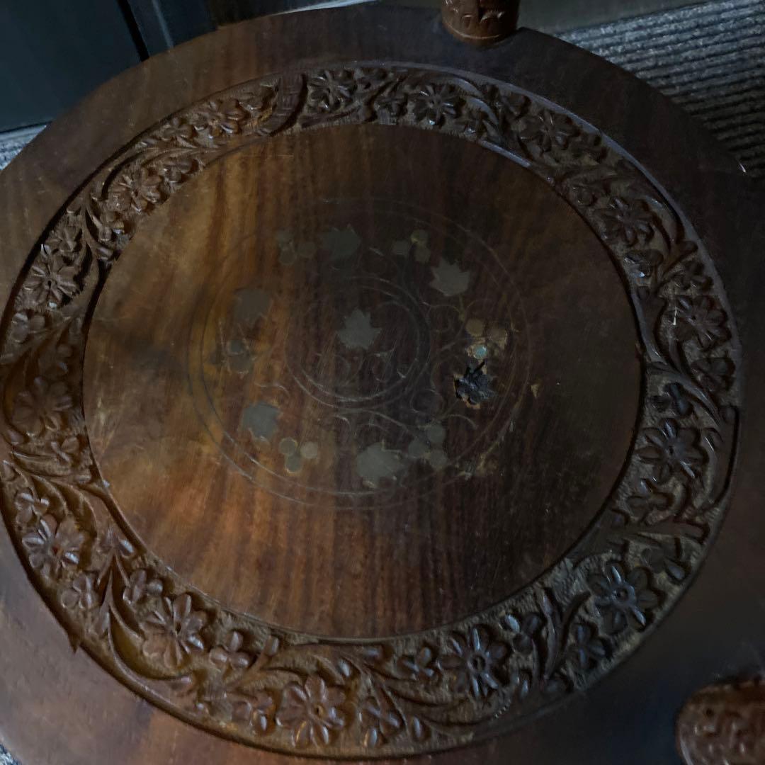 INDIA製 インド製　木製3段サイドテーブル　アンティーク