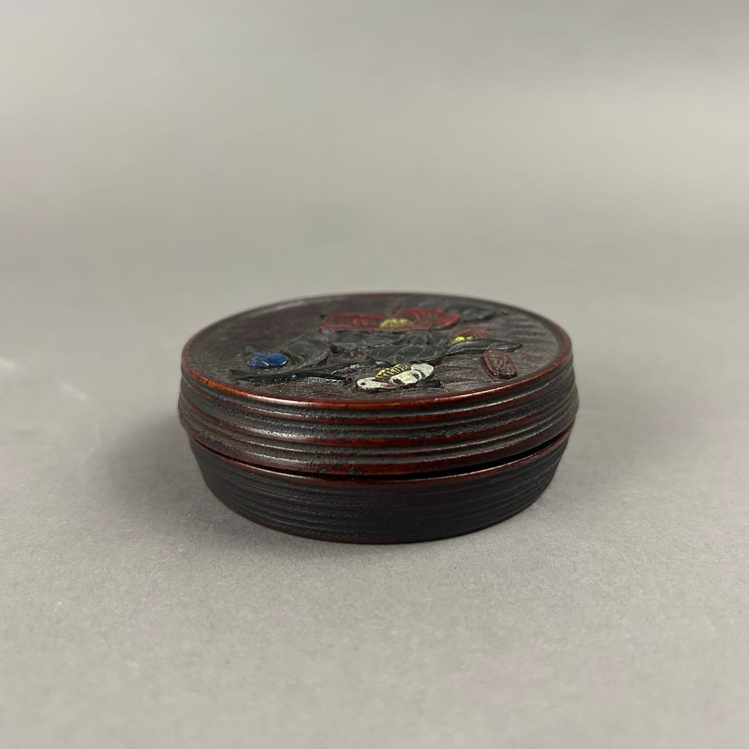 漆器椿梅花香合 初代象谷作　茶道具　骨董　彫刻