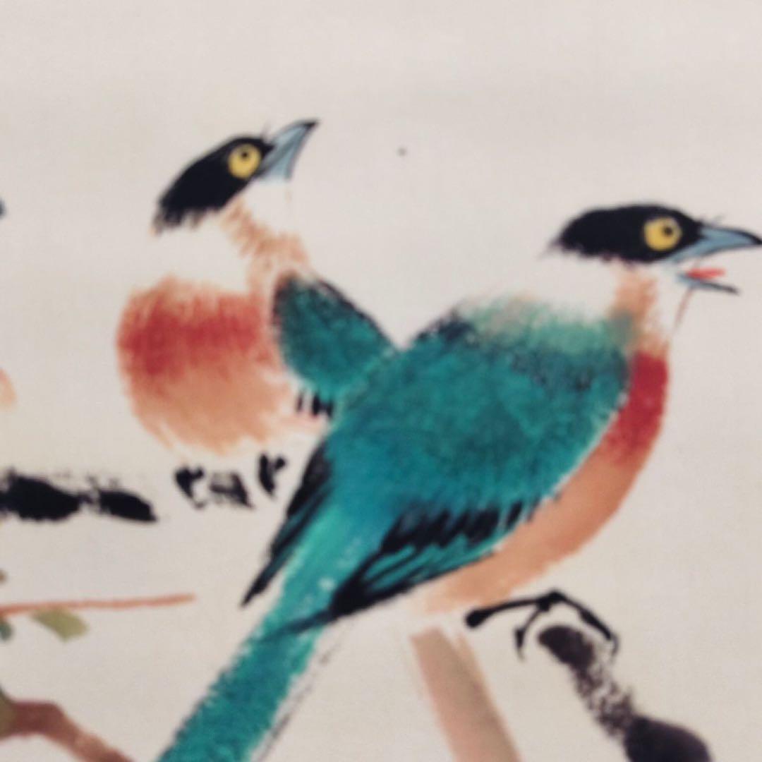 【掛軸】花鳥図「連蒂双栖」颜伯龙風 宣紙・表装済み 176×68cm