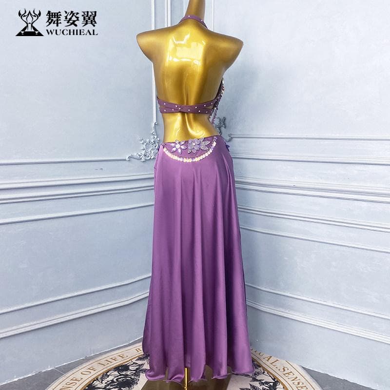 ベリーダンス衣装 パープル ブラトップ＋ロングスカート 高級ビジュー装飾