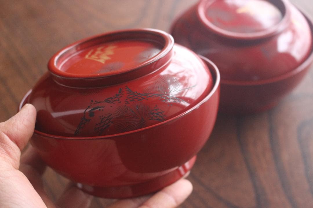 保管傷有！時代朱漆に風情ある富士松沈金の映えるお椀2点（検輪島塗蒔絵椀煮物椀