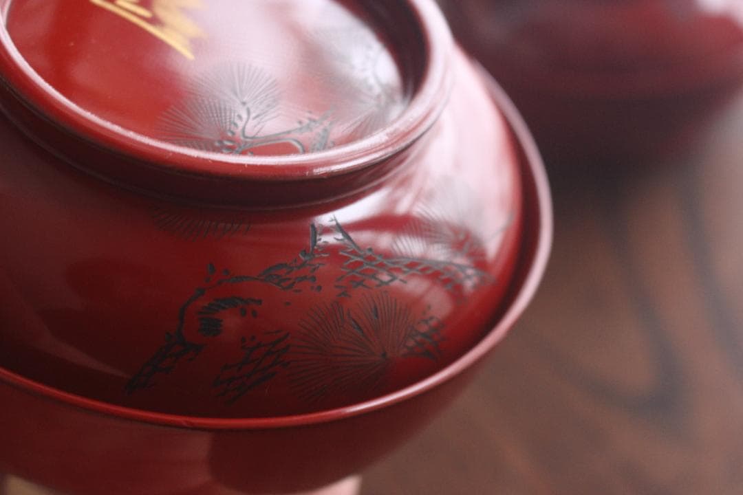 保管傷有！時代朱漆に風情ある富士松沈金の映えるお椀2点（検輪島塗蒔絵椀煮物椀