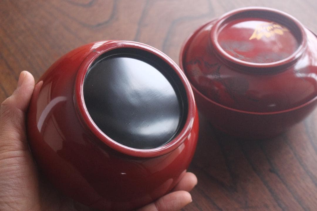 保管傷有！時代朱漆に風情ある富士松沈金の映えるお椀2点（検輪島塗蒔絵椀煮物椀