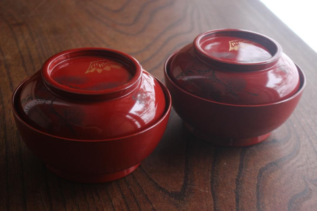 保管傷有！時代朱漆に風情ある富士松沈金の映えるお椀2点（検輪島塗蒔絵椀煮物椀