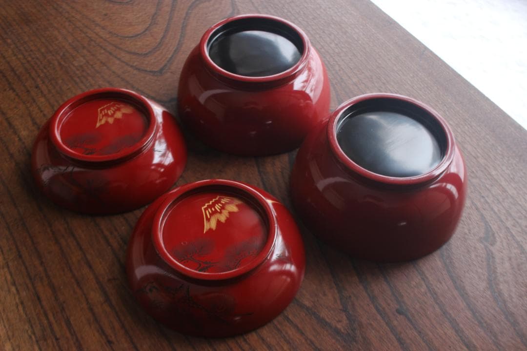 保管傷有！時代朱漆に風情ある富士松沈金の映えるお椀2点（検輪島塗蒔絵椀煮物椀