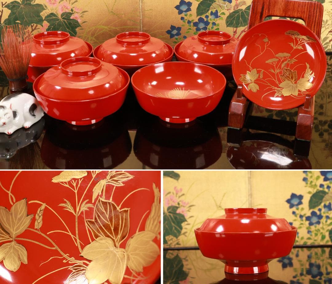 時代輪島塗　草花蒔絵　吸物椀　十客　木製　茶道具　懐石　菓子　BJ134