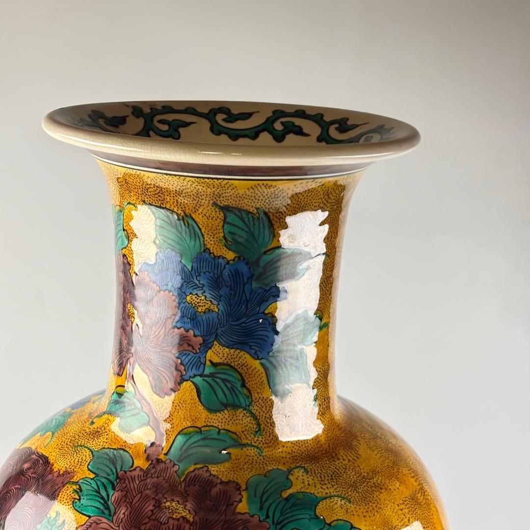 九谷焼 青九谷 古九谷 高さ約61cm 角福 獅子 草花図大壺 壷