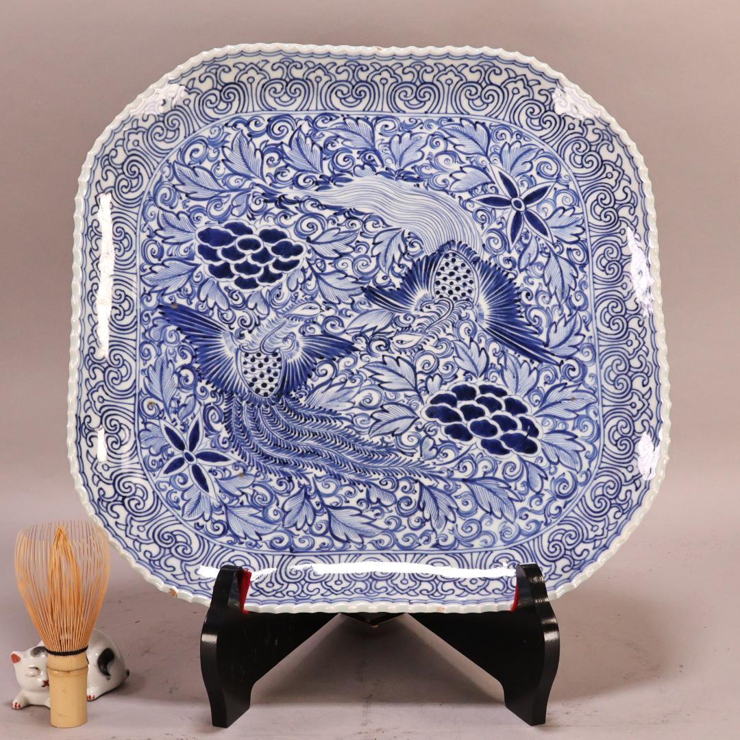 BK304　江戸期　肥前焼　古伊万里　大明成化年製　牡丹鳳凰角切刺身鉢　37㎝