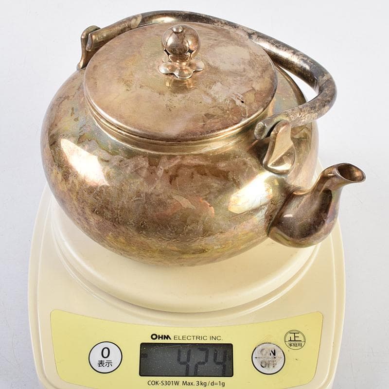 煎茶道具　いぶし銀　銀流　湯沸　約424g　時代箱付　M　R9460