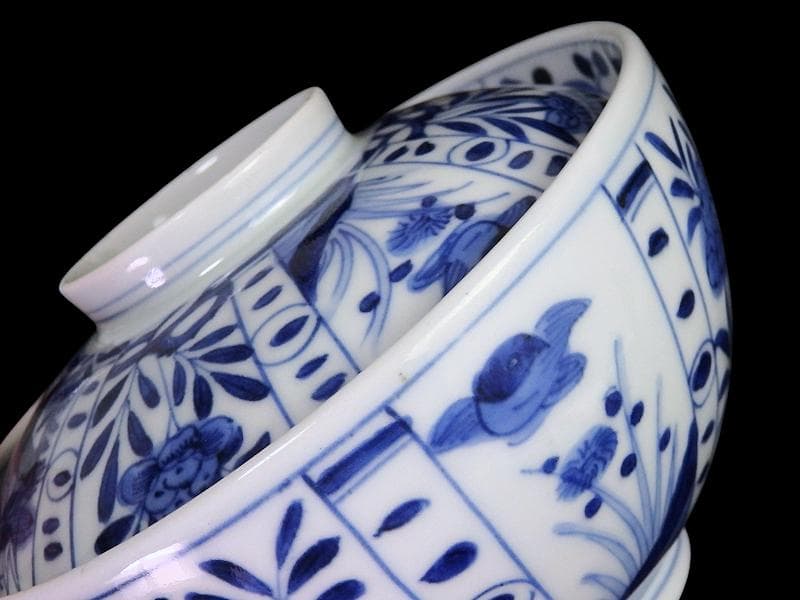 古伊万里　染付　芙蓉手　花鳥紋の図　大振蓋茶碗　F319AS-CXz