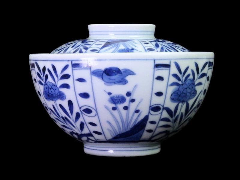 古伊万里　染付　芙蓉手　花鳥紋の図　大振蓋茶碗　F319AS-CXz