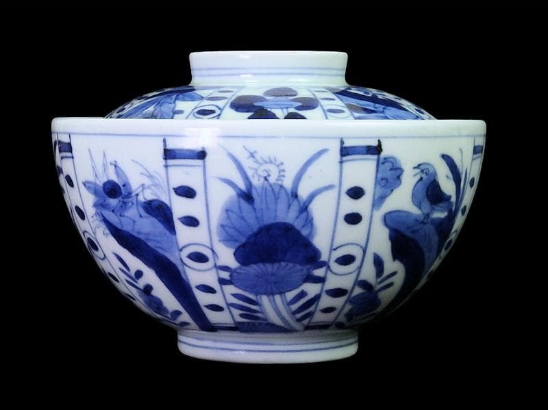 古伊万里　染付　芙蓉手　花鳥紋の図　大振蓋茶碗　F319AS-CXz