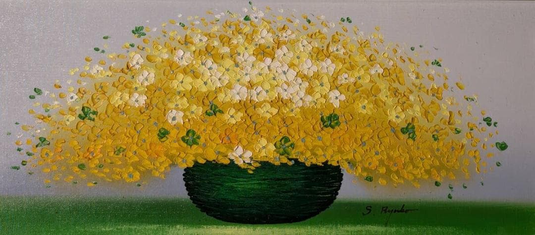 【真作】絵画　作者不詳　油彩　花　バスケットに咲く黄色い花の温もり　U12