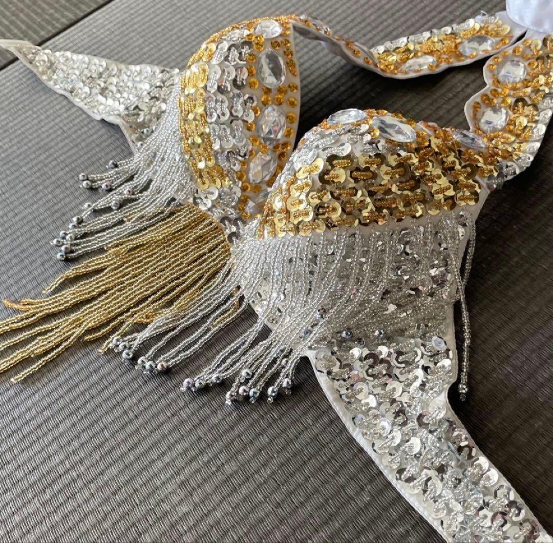 ベリーダンス衣装ビーズフリル ブラ & ベルトセット【ホワイト】豪華オリエンタル