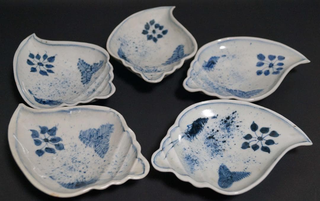 古伊万里焼 古染付 さざえ形 栄螺向付(五客)三足皿 茶事/茶道具★