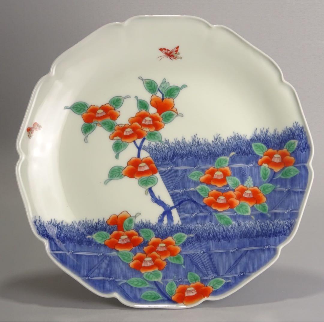 名工　十二代　今泉今右衛門　色鍋島　柴垣椿絵　額皿　飾皿　輪花形　大皿　九寸皿