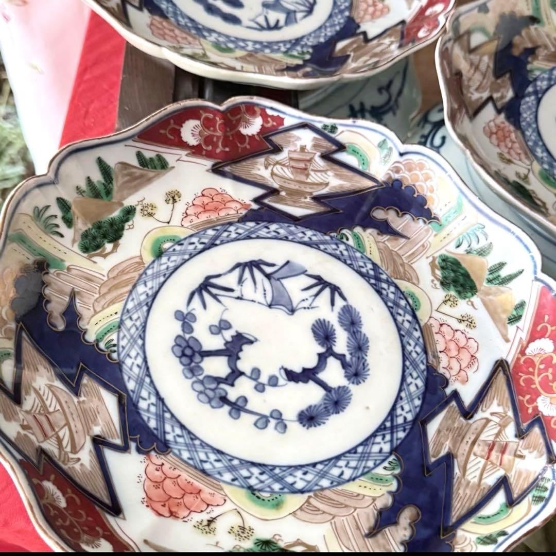 大雪特別価格‼️降誕祭GOLD伊万里錦手　帆かけ舟❌山水❌米俵富貴長春八寸皿5客