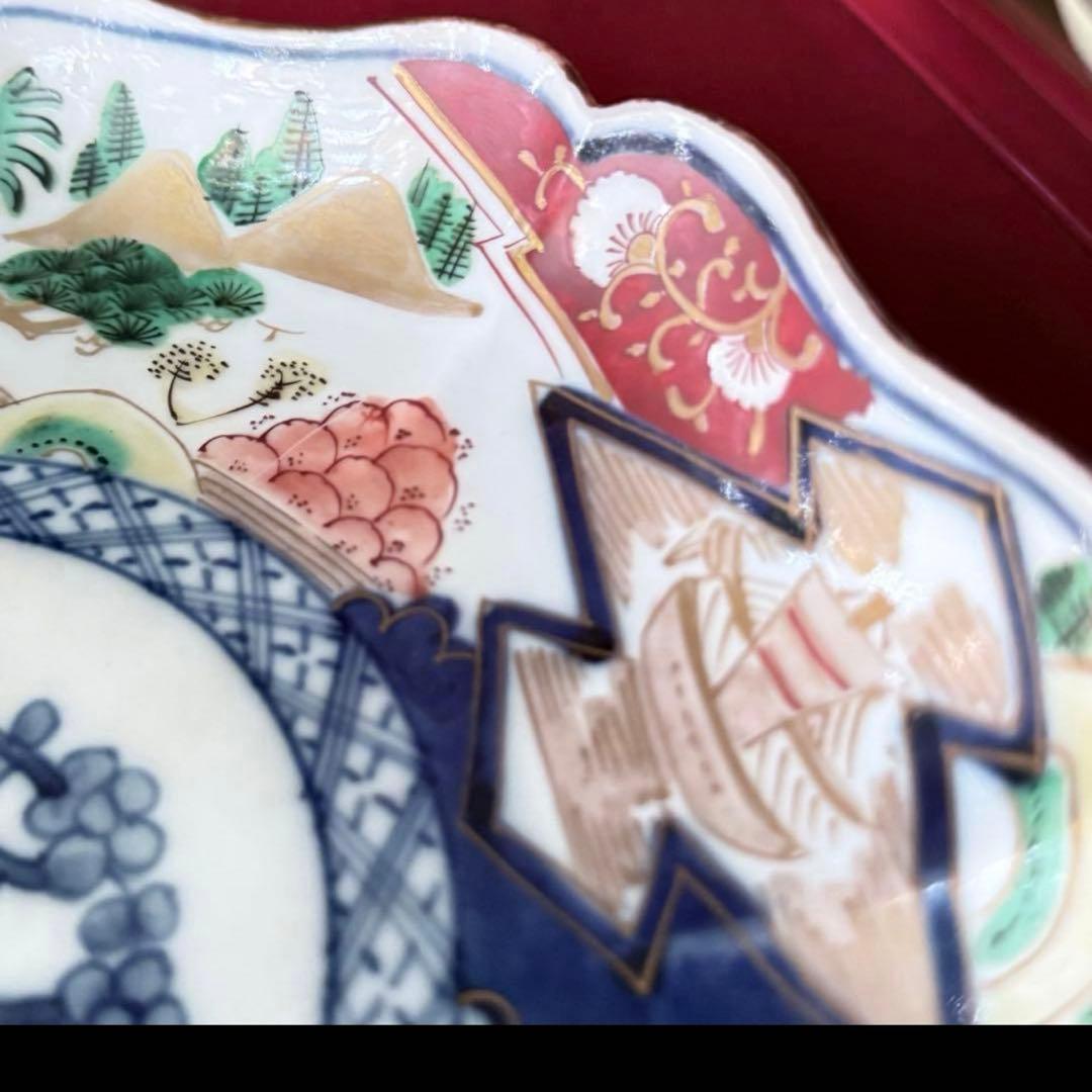大雪特別価格‼️降誕祭GOLD伊万里錦手　帆かけ舟❌山水❌米俵富貴長春八寸皿5客