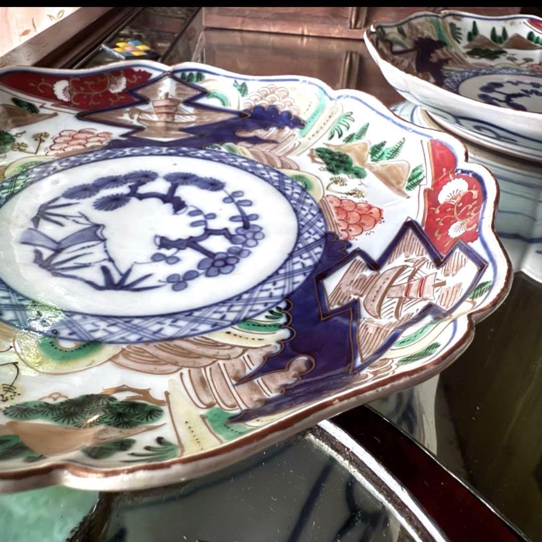 大雪特別価格‼️降誕祭GOLD伊万里錦手　帆かけ舟❌山水❌米俵富貴長春八寸皿5客