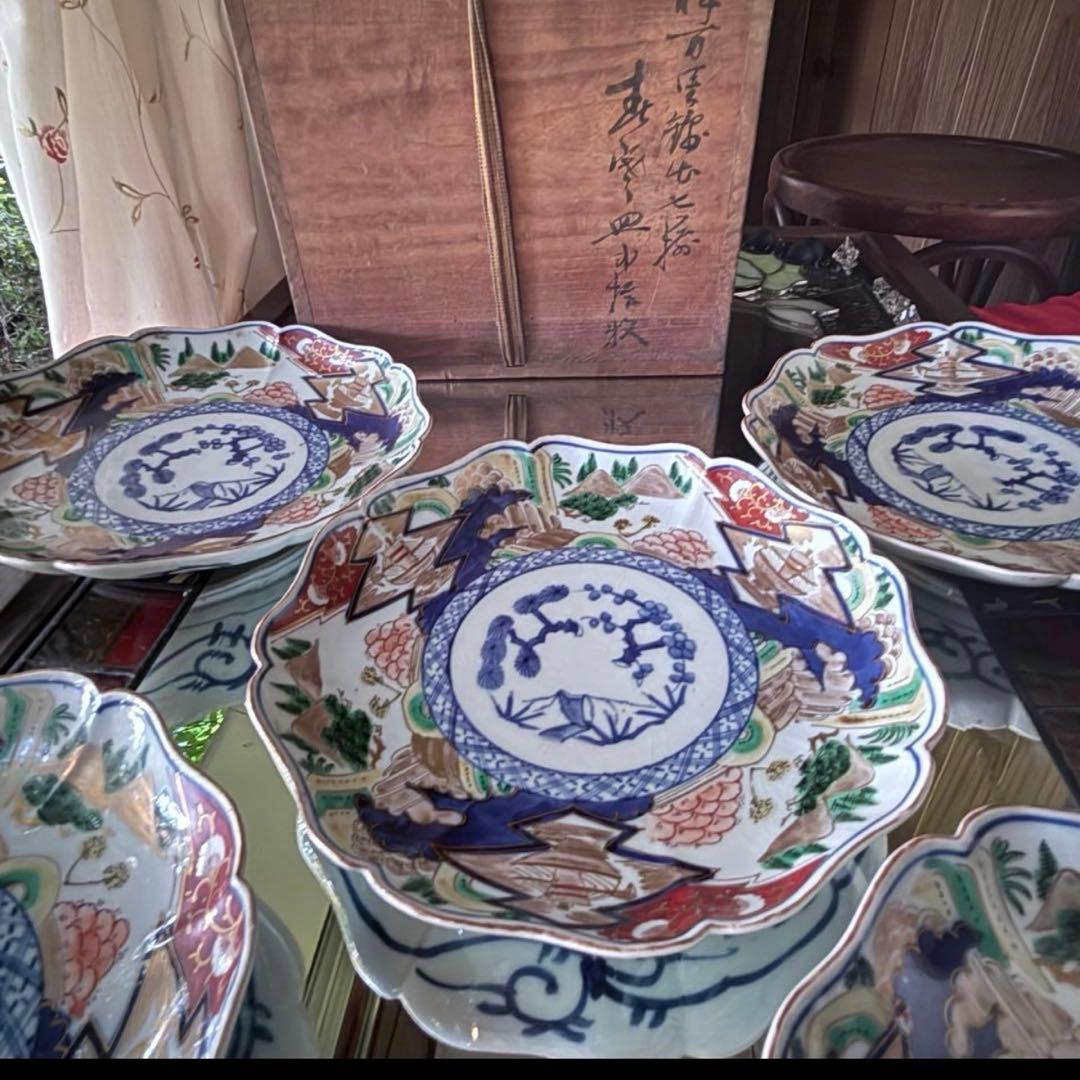 大雪特別価格‼️降誕祭GOLD伊万里錦手　帆かけ舟❌山水❌米俵富貴長春八寸皿5客