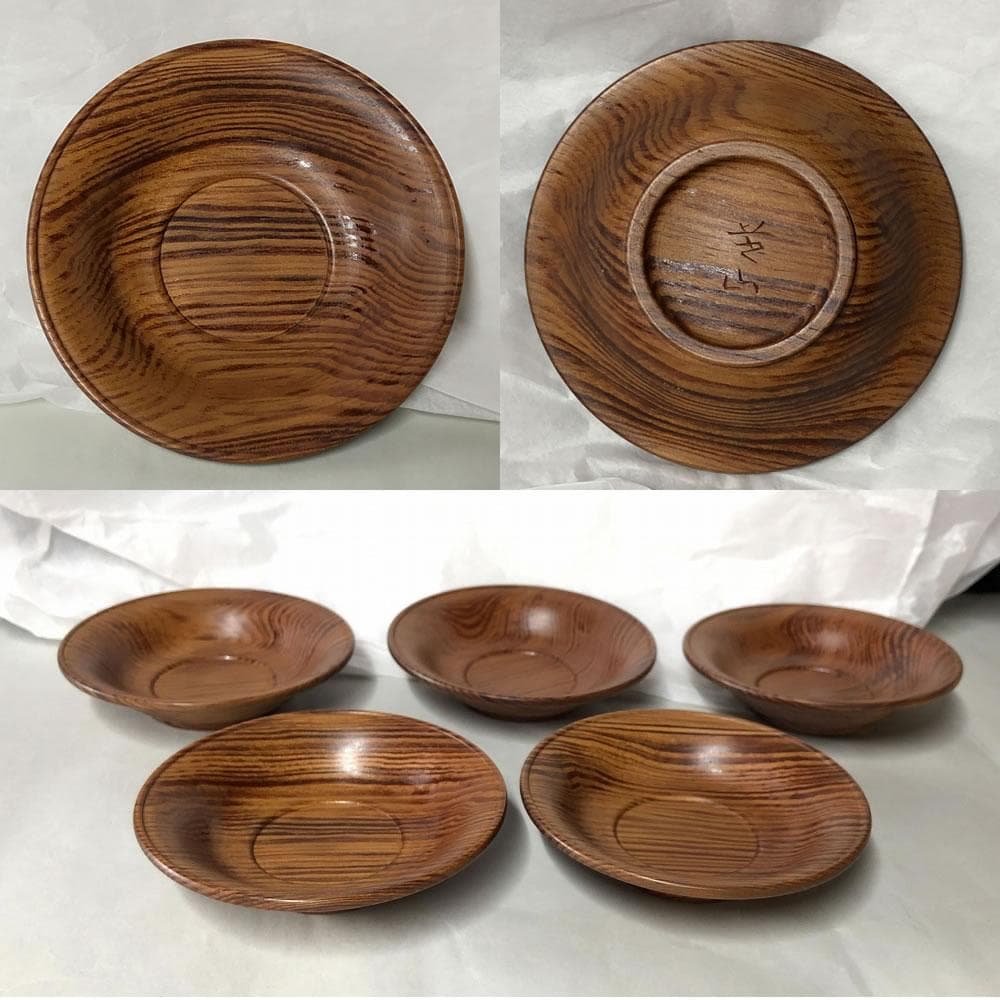 e1913 太田芝山作 老松茶托 五客 共箱 共布 茶道具