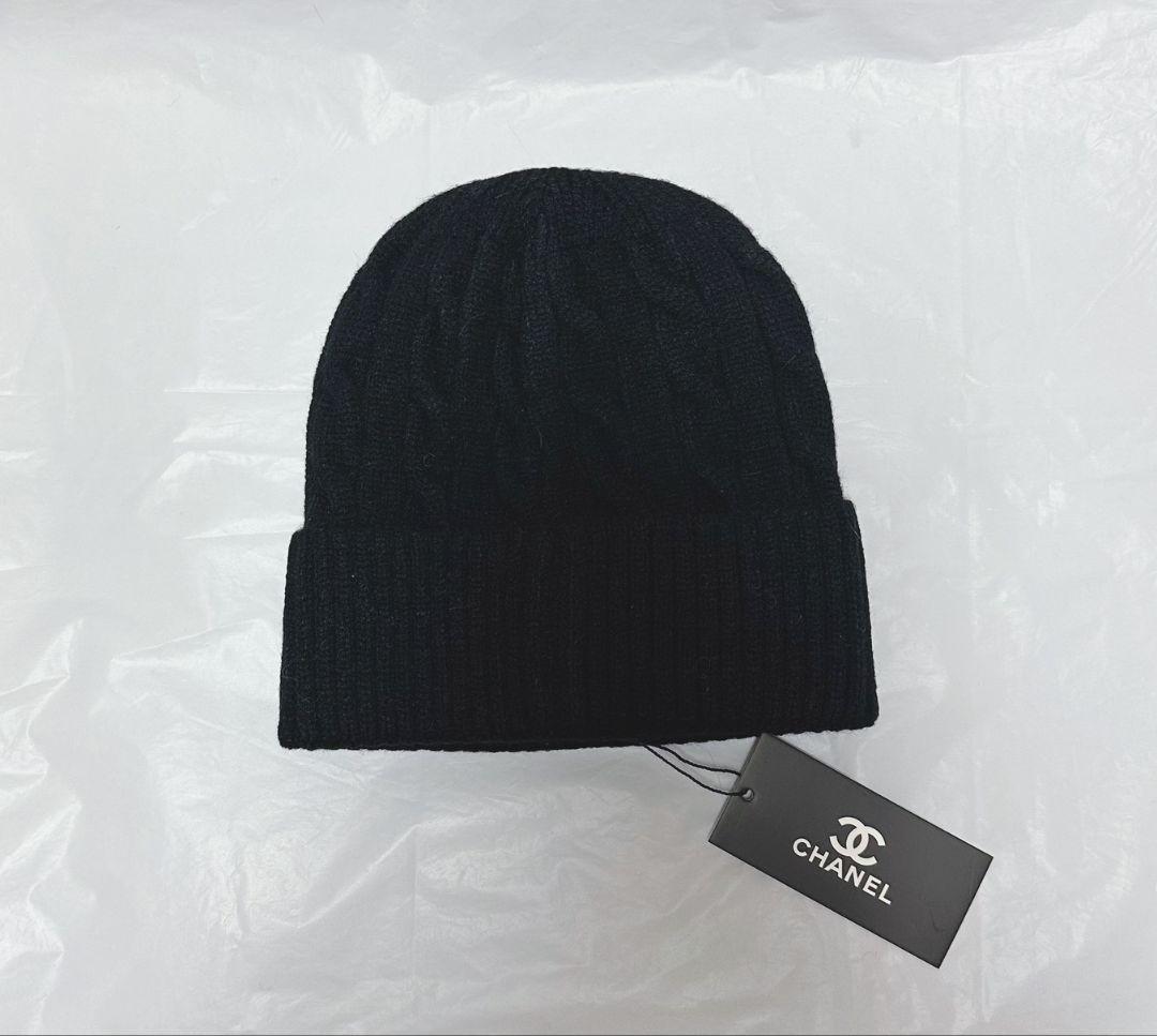 CHANEL ネイビー ケーブル編み ニット帽ブラック