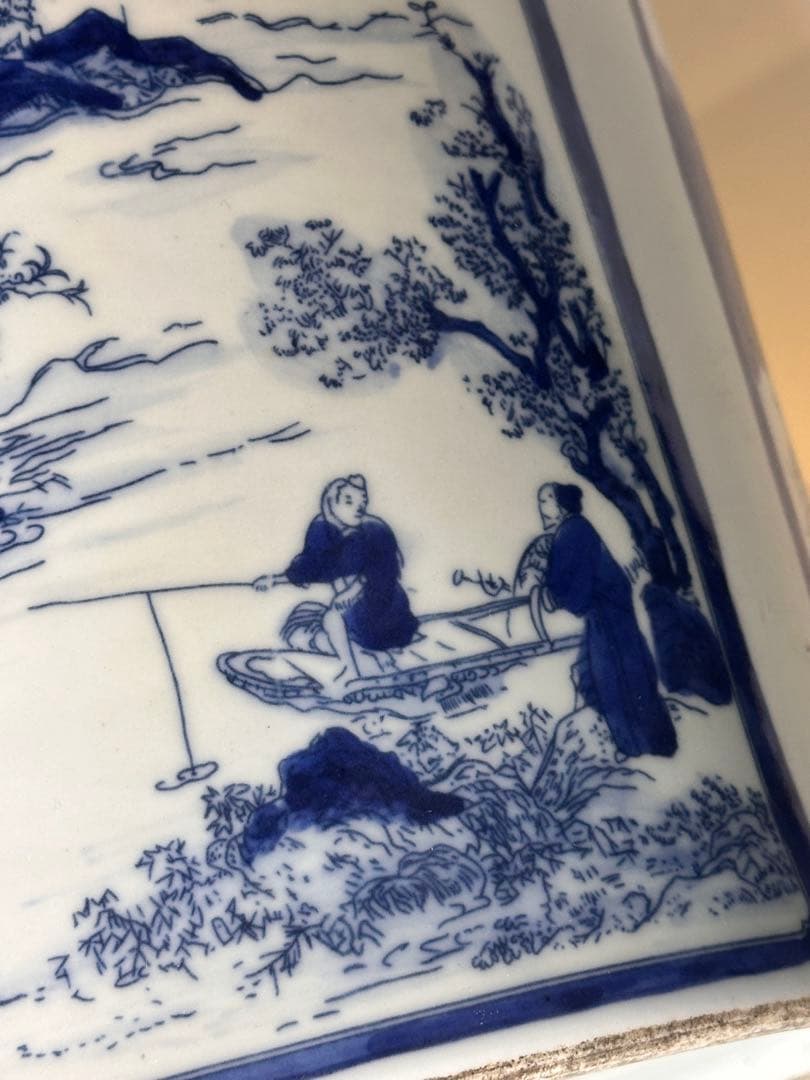 大清康熙年製底款 青花染付 建水 缸 四面開窓人物山水図 时代物 中国古美術