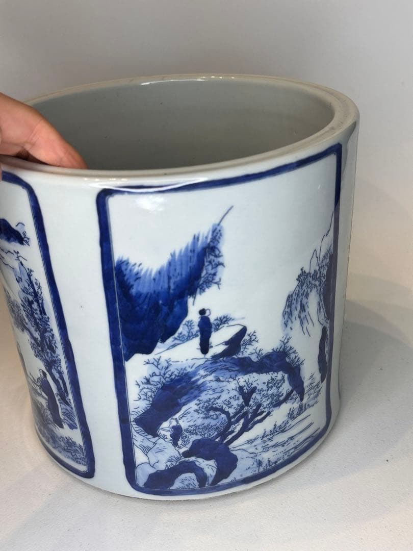 大清康熙年製底款 青花染付 建水 缸 四面開窓人物山水図 时代物 中国古美術
