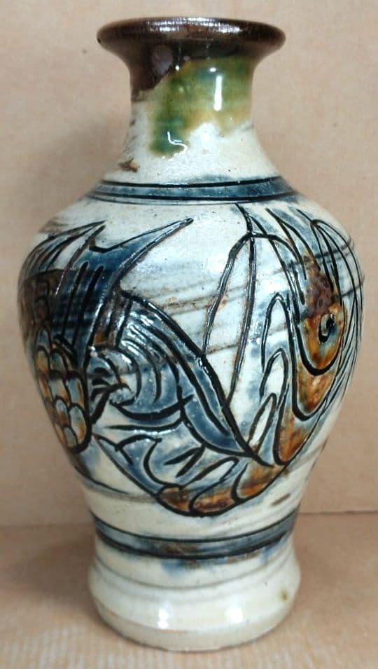 【本物保証】金城次郎 海老魚紋花瓶 共箱 栞 人間国宝 壷屋焼 壺屋焼 やちむん