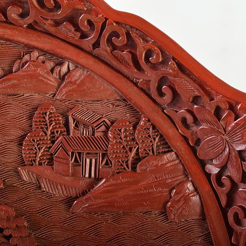 中国　堆朱　山水楼閣彫　針木盆　輪花盆　時代箱付　F　R8632