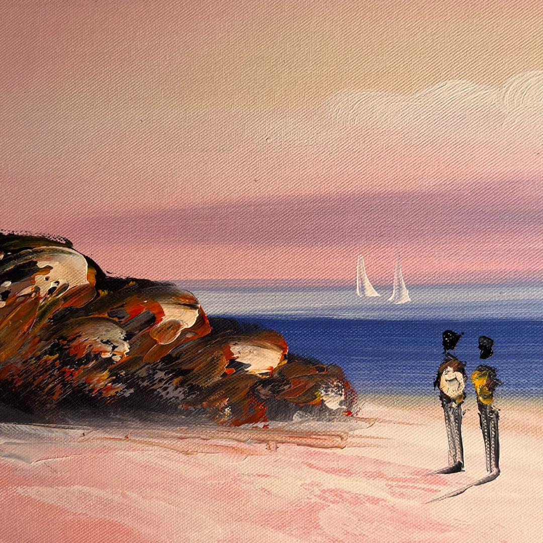 手描き油絵 夕暮れの海岸 額付 肉筆絵画 インテリア 油彩画
