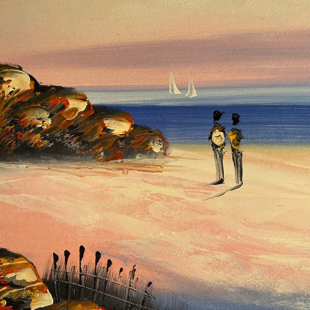 手描き油絵 夕暮れの海岸 額付 肉筆絵画 インテリア 油彩画