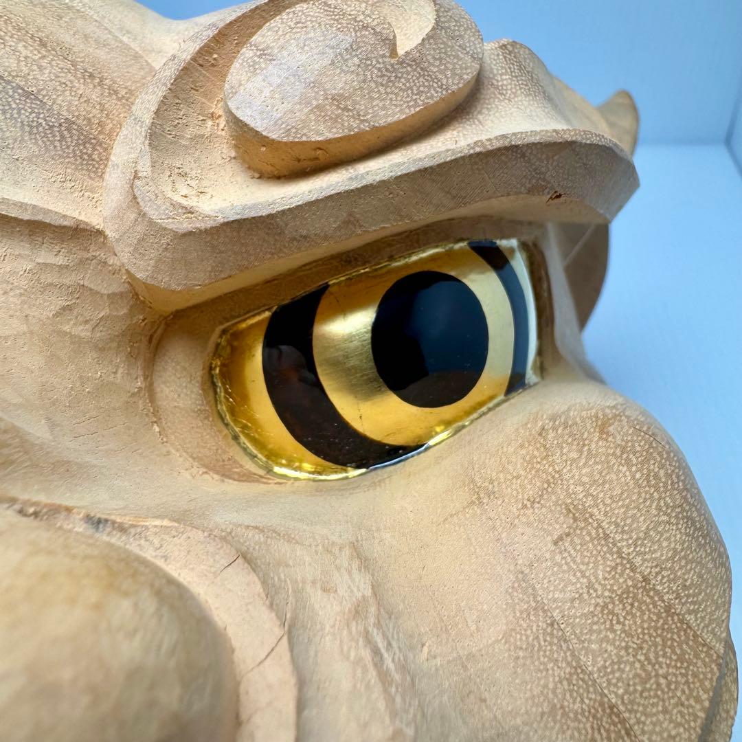 未使用 木彫 獅子頭 横山一夢作 木製 獅子 置物 共箱 説明書 作家物